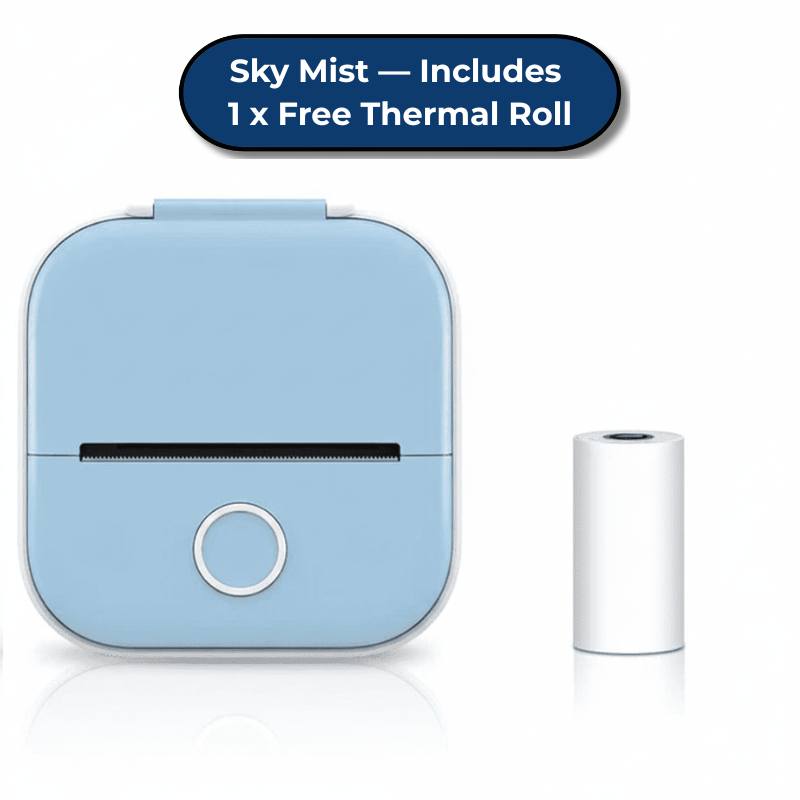 Blue thermal printer with a free thermal roll on a white background