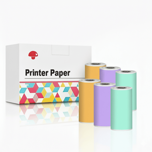 Set of six thermal printer paper rolls in three pastel colors: orange, light purple, and mint green, displayed next to the white 'Printer Paper' product box.