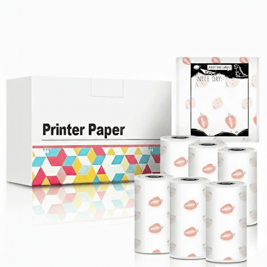 Set of six thermal printer paper rolls featuring a faint strawberry pattern, shown with the 'Printer Paper' box and a sample print of the design.