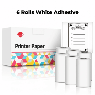 Set of six white adhesive thermal sticker paper rolls displayed next to the 'Printer Paper' retail box and a sample print of a 'To Do List' template.