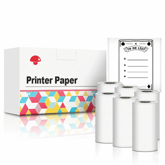 Set of six standard white, non-adhesive thermal paper rolls displayed next to the 'Printer Paper' box and a sample print of a 'To Do List' template.
