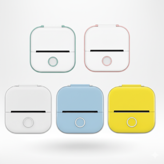 A set of five small, square, portable label printers shown against a white background. The printers are in a row of two (top) and three (bottom) and come in light green/mint, pink, white/gray, light blue, and yellow.