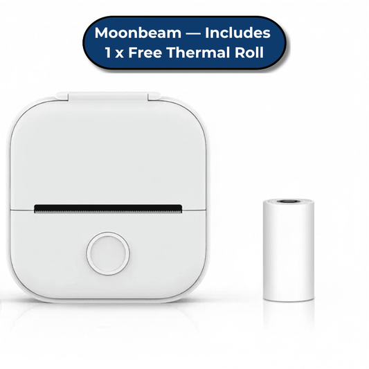 White Moonbeam label printer with a free thermal roll on a white background