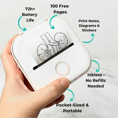 Hand holding a portable printer with features highlighted on a white background